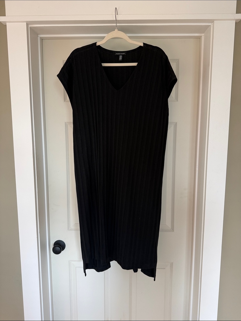 Eileen Fisher Black Ribbed V-Neck Midi Shift Dress